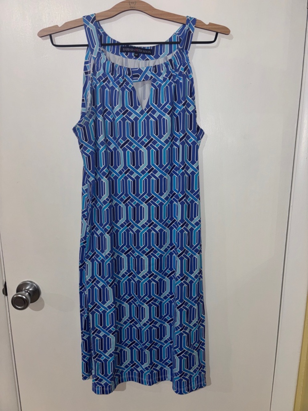 Geometric Blue Sleeveless Keyhole Maxi Dress